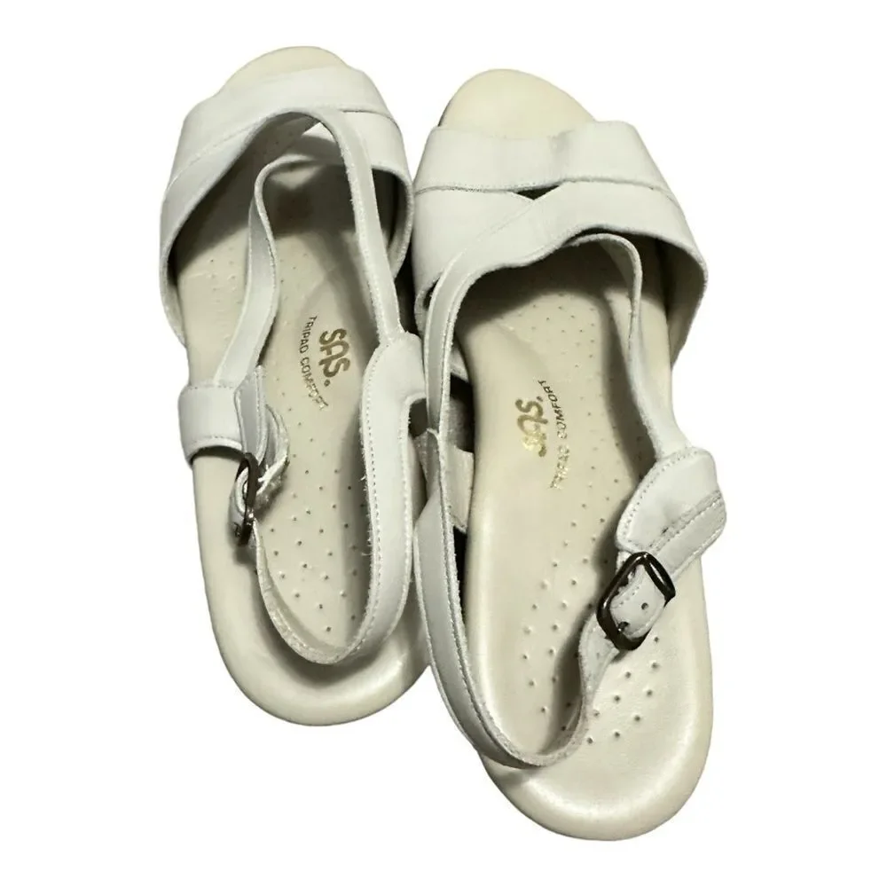 SAS Caress Size US 10.5N Sandal Bone Leather Buckle Tripad Comfort Wedge